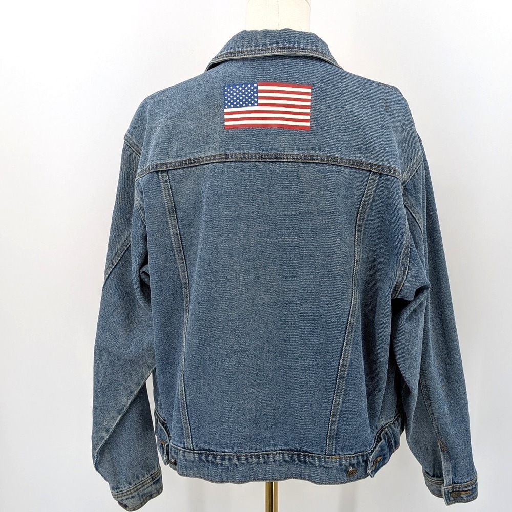 Bogari Classic Denim Jacket with Back Flag Patch Sz S Americana Vintage Inspired